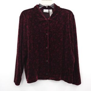 Vintage Y2K floral‎ stretch velvet long sleeve button up top Size XL red